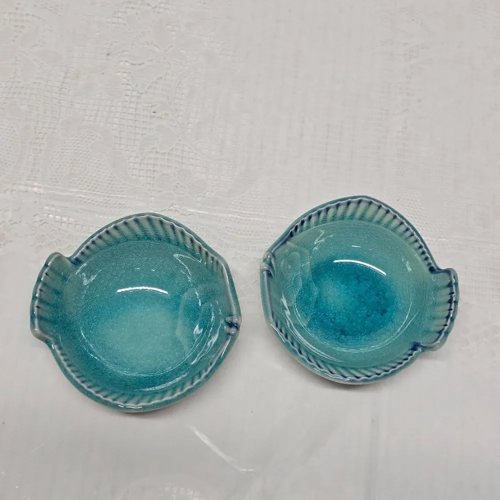 Vintage Asahi Japan Pottery Fish Blue Crackled Glaze Sushi Dip Sauce Dish Set